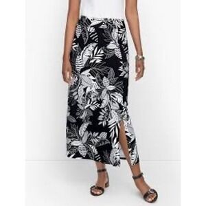Talbots Black White Tropical Leaf Print Maxi Skirt Side Slit Size XS